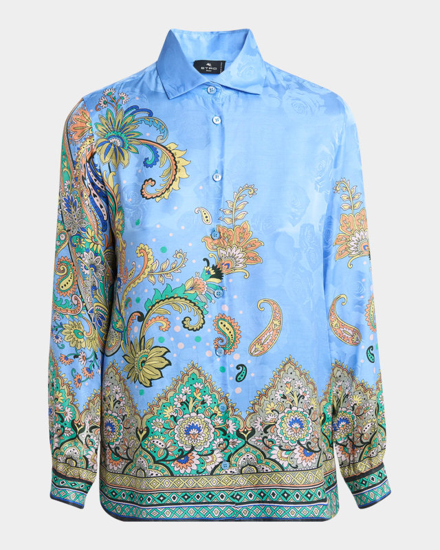 Lucky Charm Silk Jacquard Button-Down Blouse